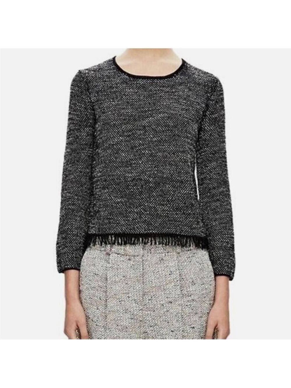 THEORY Black/White VENDLA TWEED SWEATER Fringe Trim Boxy Pullover Size Small